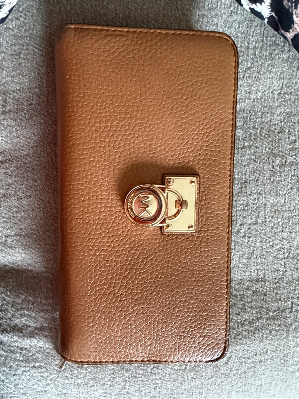 Michael Kors Tan Pebbled Leather Zip Wallet with Gold MK Emblem